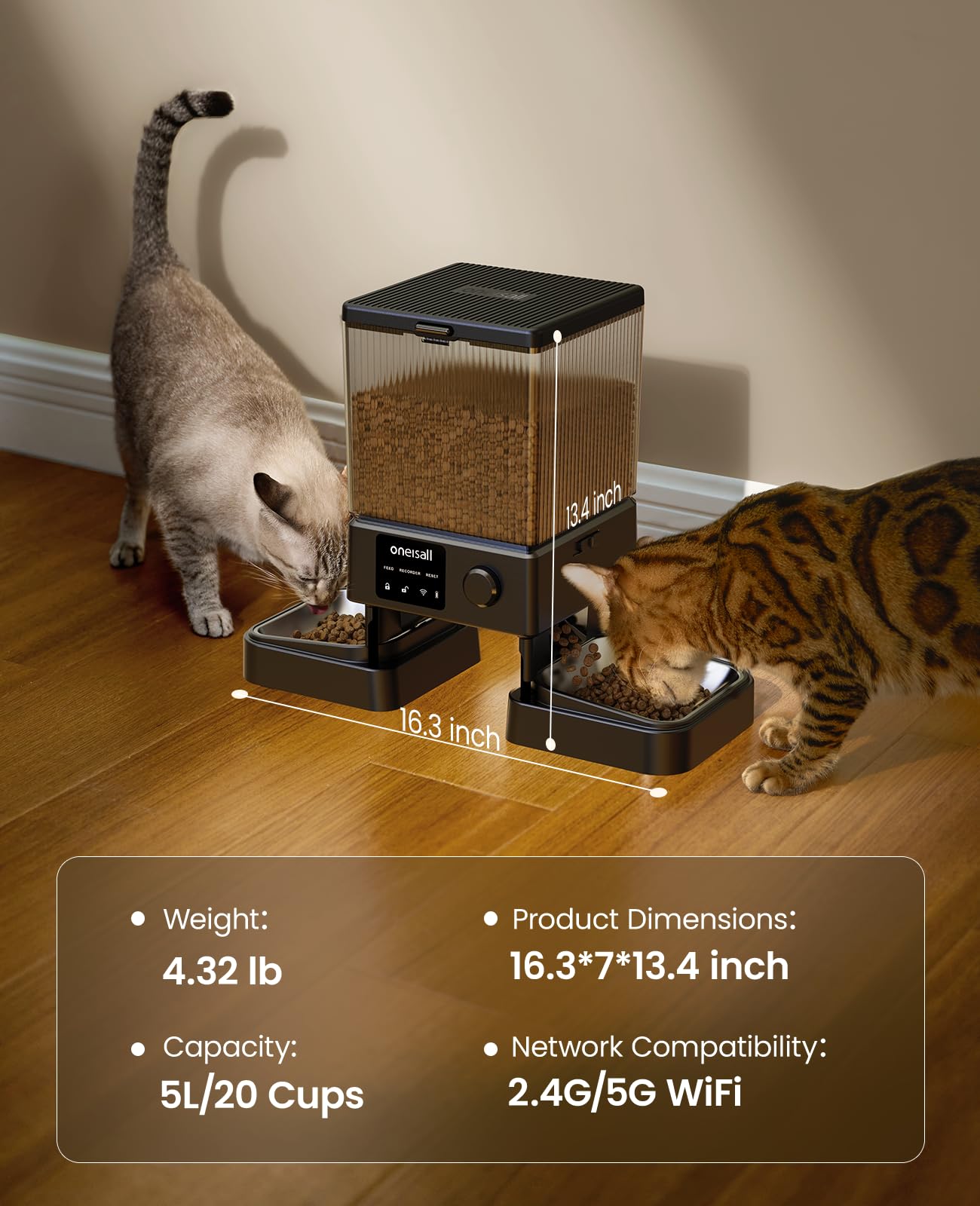 oneisall Automatic Cat Feeder for 2 Cats, 20 Cups/5L Automatic Cat Food Dispenser for Small Pets Indoor, Timed Cat Feeder for Dry Food