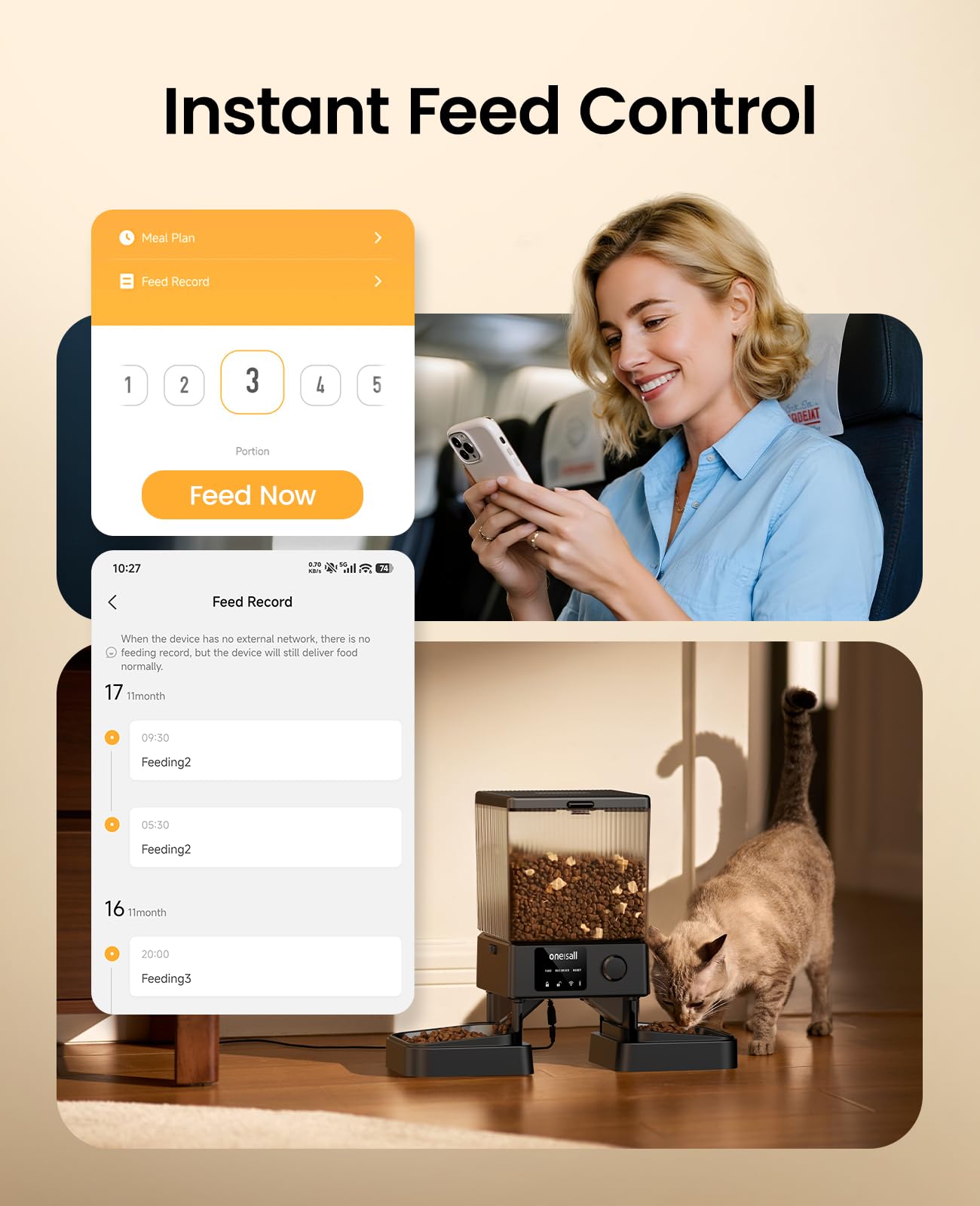 oneisall Automatic Cat Feeder for 2 Cats, 20 Cups/5L Automatic Cat Food Dispenser for Small Pets Indoor, Timed Cat Feeder for Dry Food