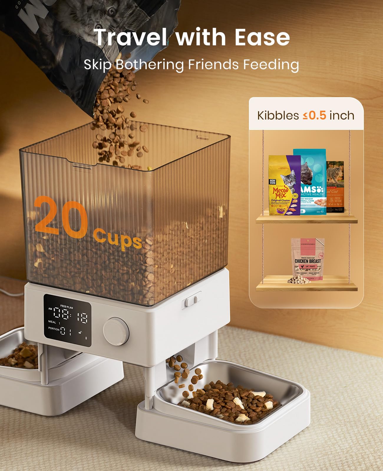 oneisall Automatic Cat Feeder for 2 Cats, 20 Cups/5L Automatic Cat Food Dispenser for Small Pets Indoor, Timed Cat Feeder for Dry Food