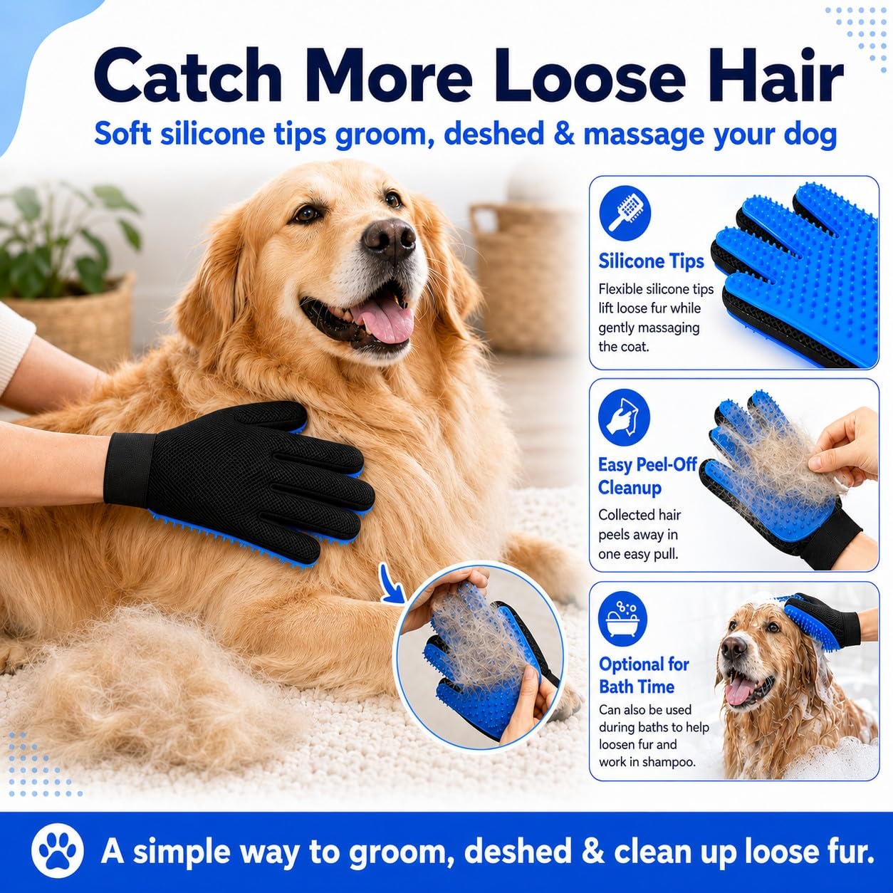 NVNAN Pet Hair Removal Glove for Dogs & Cats, 2-in-1 Deshedding Brush & Massage Mitt - Grooming Gloves for Shedding Control, Bathing and Washing, Safe for Short/Long Hair Pets 2-Pack (Blue)