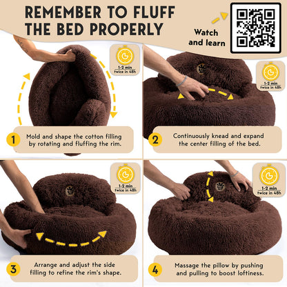 PetJett Calming Medium Dog Bed - 30'' Round Dog Beds - Washable Dog Bed - Anti-Slip Super Soft Fluffy Plush Donut Bed, Anti-Anxiety Premium Comfort Pet Bed, Fits Dogs up to 45 lbs - Beige