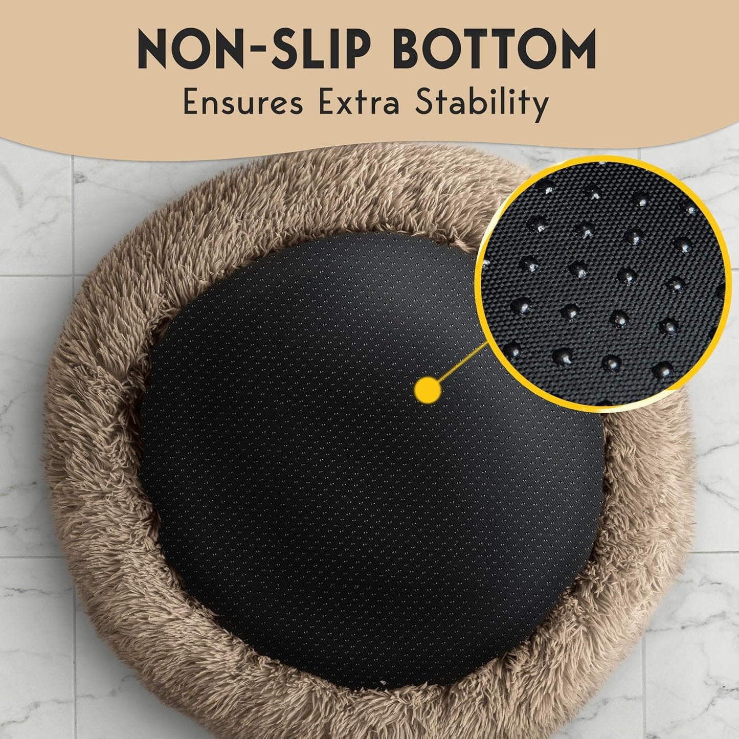 PetJett Calming Medium Dog Bed - 30'' Round Dog Beds - Washable Dog Bed - Anti-Slip Super Soft Fluffy Plush Donut Bed, Anti-Anxiety Premium Comfort Pet Bed, Fits Dogs up to 45 lbs - Beige