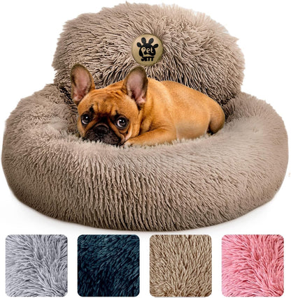 PetJett Calming Medium Dog Bed - 30'' Round Dog Beds - Washable Dog Bed - Anti-Slip Super Soft Fluffy Plush Donut Bed, Anti-Anxiety Premium Comfort Pet Bed, Fits Dogs up to 45 lbs - Beige