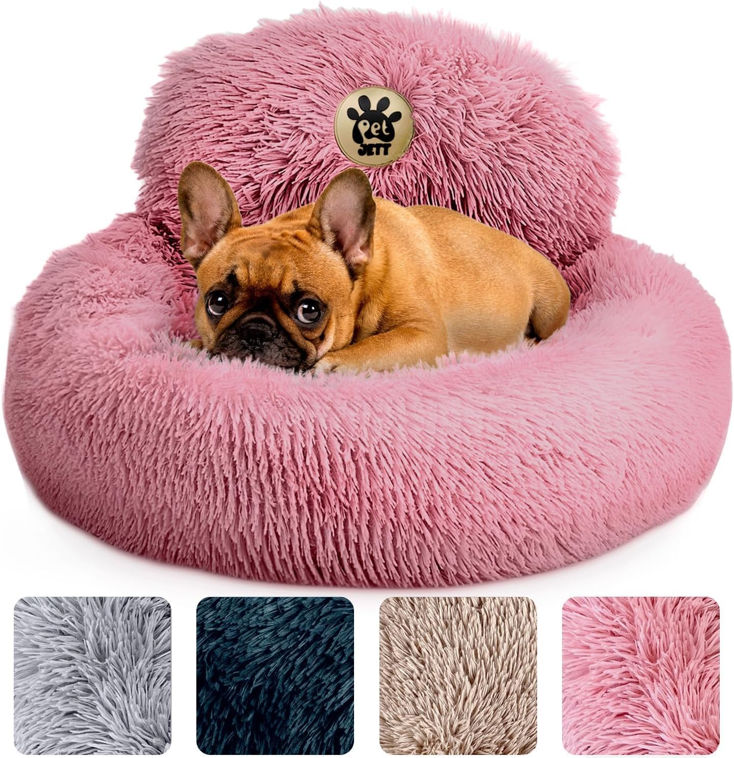 PetJett Calming Medium Dog Bed - 30'' Round Dog Beds - Washable Dog Bed - Anti-Slip Super Soft Fluffy Plush Donut Bed, Anti-Anxiety Premium Comfort Pet Bed, Fits Dogs up to 45 lbs - Beige