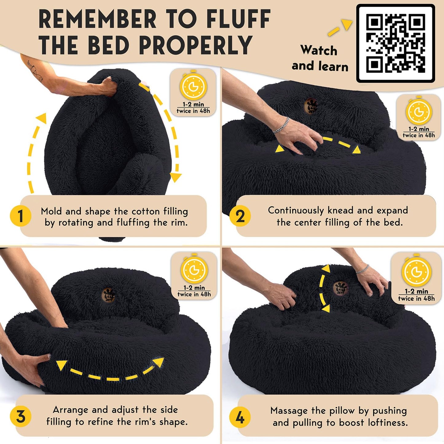 PetJett Calming Medium Dog Bed - 30'' Round Dog Beds - Washable Dog Bed - Anti-Slip Super Soft Fluffy Plush Donut Bed, Anti-Anxiety Premium Comfort Pet Bed, Fits Dogs up to 45 lbs - Beige
