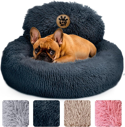 PetJett Calming Medium Dog Bed - 30'' Round Dog Beds - Washable Dog Bed - Anti-Slip Super Soft Fluffy Plush Donut Bed, Anti-Anxiety Premium Comfort Pet Bed, Fits Dogs up to 45 lbs - Beige