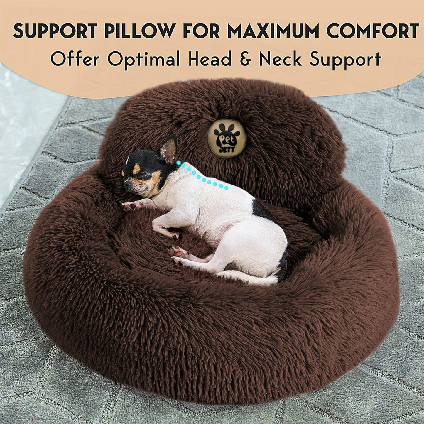 PetJett Calming Medium Dog Bed - 30'' Round Dog Beds - Washable Dog Bed - Anti-Slip Super Soft Fluffy Plush Donut Bed, Anti-Anxiety Premium Comfort Pet Bed, Fits Dogs up to 45 lbs - Beige