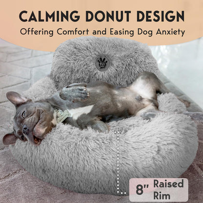 PetJett Calming Medium Dog Bed - 30'' Round Dog Beds - Washable Dog Bed - Anti-Slip Super Soft Fluffy Plush Donut Bed, Anti-Anxiety Premium Comfort Pet Bed, Fits Dogs up to 45 lbs - Beige
