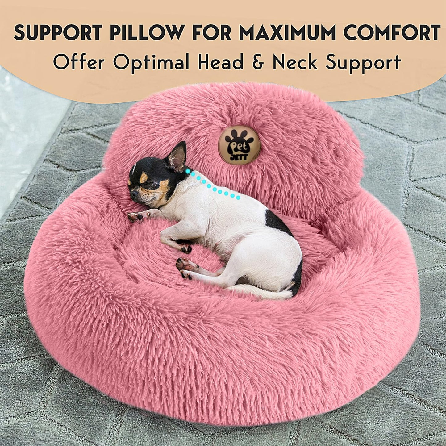 PetJett Calming Medium Dog Bed - 30'' Round Dog Beds - Washable Dog Bed - Anti-Slip Super Soft Fluffy Plush Donut Bed, Anti-Anxiety Premium Comfort Pet Bed, Fits Dogs up to 45 lbs - Beige