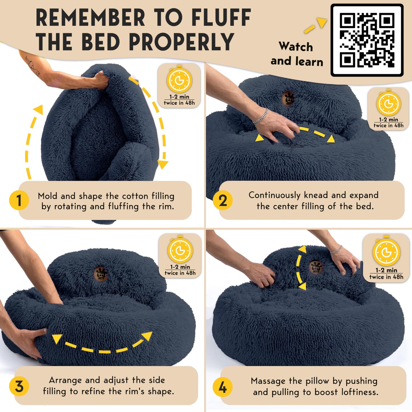 PetJett Calming Medium Dog Bed - 30'' Round Dog Beds - Washable Dog Bed - Anti-Slip Super Soft Fluffy Plush Donut Bed, Anti-Anxiety Premium Comfort Pet Bed, Fits Dogs up to 45 lbs - Beige