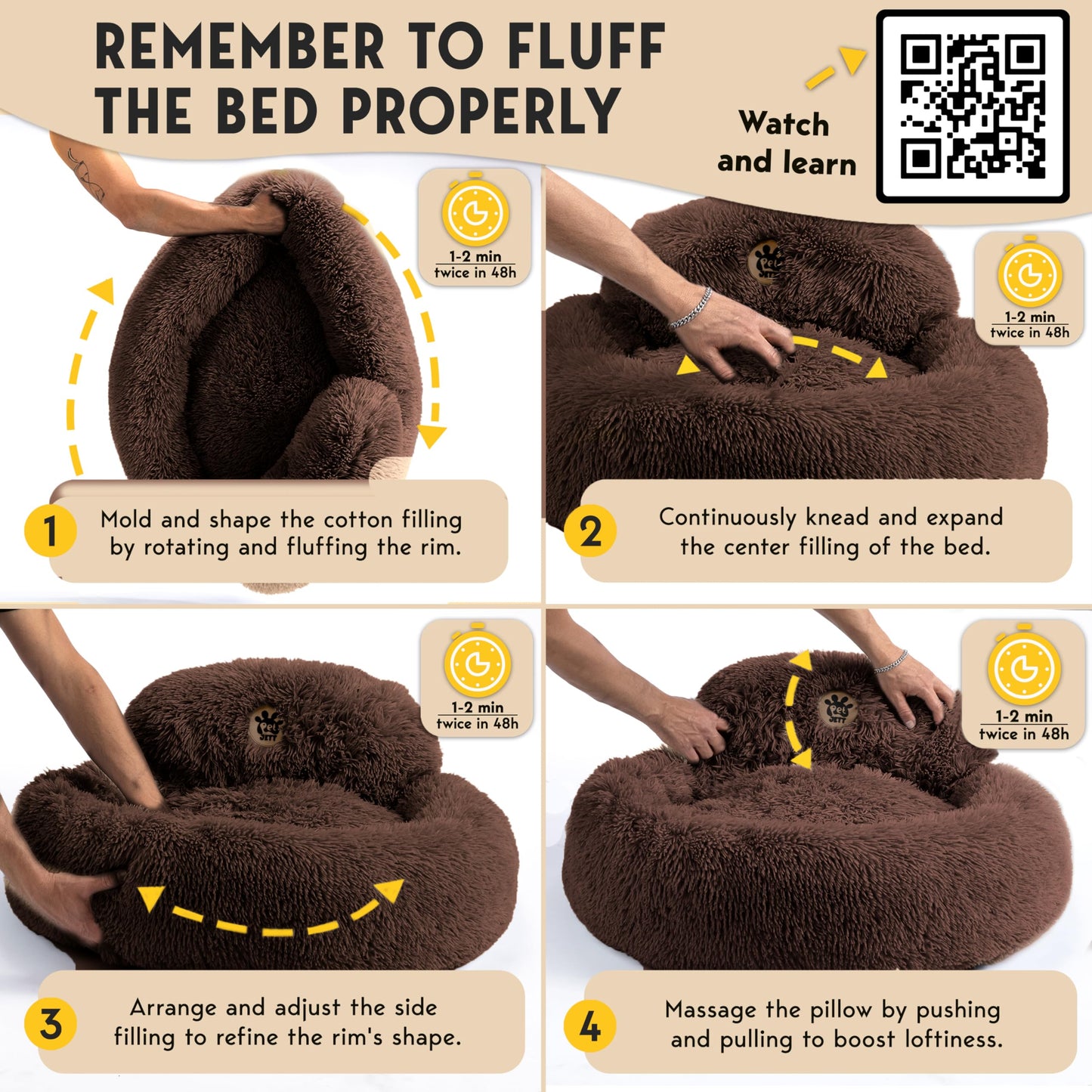 PetJett Calming Medium Dog Bed - 30'' Round Dog Beds - Washable Dog Bed - Anti-Slip Super Soft Fluffy Plush Donut Bed, Anti-Anxiety Premium Comfort Pet Bed, Fits Dogs up to 45 lbs - Beige